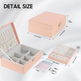 TEIVUL Jewellery Box,2 Layer PU Leather Jewelry Box Organiser with 2 Keys and Cleaning Cloth,Suitable for Rings Earrings Necklaces Bracelets Accessories, Jewellery Box Gifts for Women Girls（Pink）