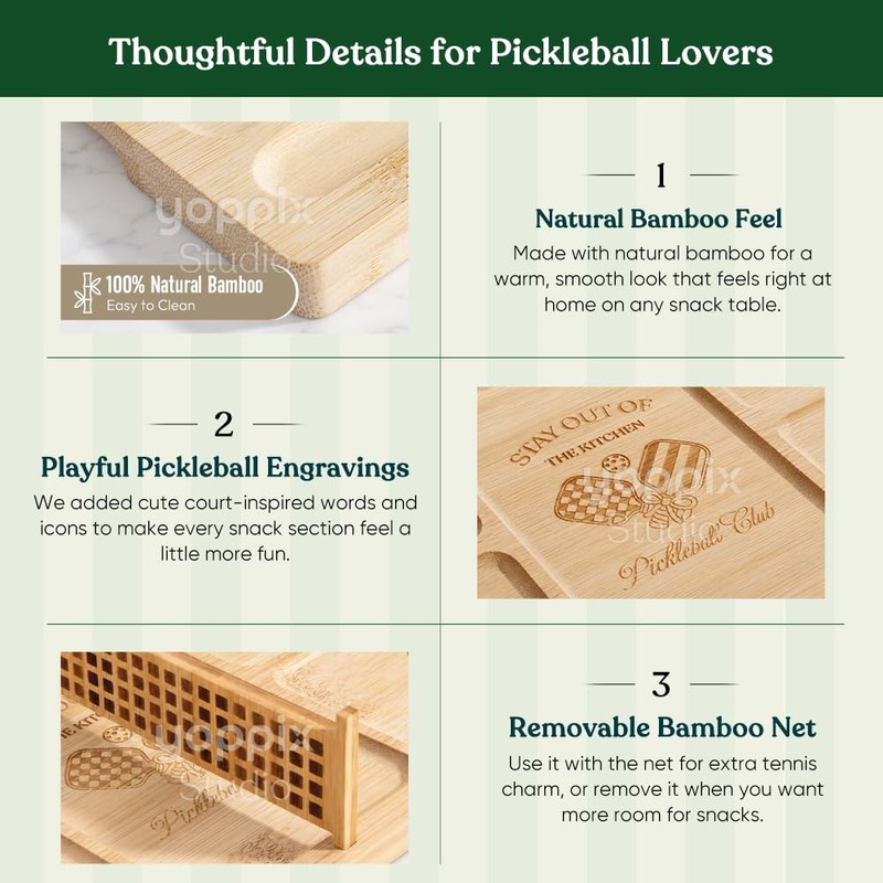 YOPPIX Pickleball Court Charcuterie Board – Bamboo Funny Pickleball Gift