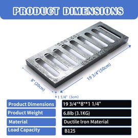 Cast Iron Drain Grate, 8 * 20in Outdoor Drain Cover, B125 Class Ductile Iron Channel Drainage Grates, Heavy Duty Sewer Grate,Black Rectangle Drain Grate for Yard,Driveway,Concrete Floor.