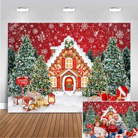 Mocsicka Christmas House Backdrop Christmas Candy House Snowflake Wonderland Pine Tree Photography Background for Kids Cookie Exchange Kids Theme Birthday Party Decoration Banner (8x6ft)