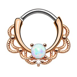 Piercingfaktor Piercing, Universal Clicker Shield Ring, Septum, Nose Piercing, Lip, Tragus, Helix, Ear, with Opal, Gold Plated