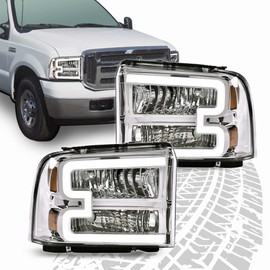 CHEDA LED DRL Headlights Assembly, Compatible with 2005 2006 2007 Ford F250 F350 F450 F550 Super Duty bumper Headlamp(Clear lens Chrome Housing Amber Reflector) Faros Conjunto De Faros