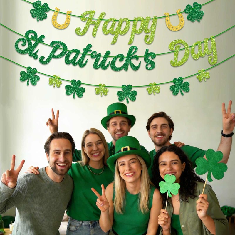 GULWAT Glitter Happy St. Patricks Day Banner Pre-Assembly Spring Shamrock