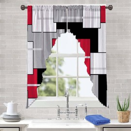ULQUISNCE Red Swag Valances Set, Geometric Red Grey Swag Curtains Gray Modern Kitchen Curtains Fade and Wrinkle Resistant - Ideal for Living Room, Kitchen, Bathroom (36" x 63", 2 Panels)