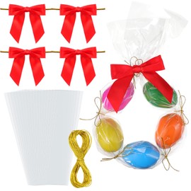 Yexiya 50 Sets Wedding Cellophane Treat Bags Flat Clear Long Candy Bags with Twist Tie Bows Metallic Cord Gift Wrap for Xmas Birthday Party Decor(Red,3.9 x 27.6 Inch)