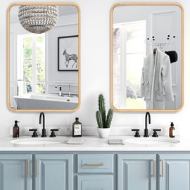 FUWU HOME Wood Bathroom Mirror for Wall 26" x 40" Farmhouse Rounded Corner Rectangle Mirror with Wooden Framed for Home Living Room Bedroom Wall Mounted Decorative Mirror (Natural Beech Wood)