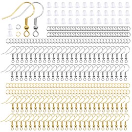 Thrilez Thrilez Hypoallergenic Earring Hooks, 600Pcs Earring Making Kit with Hypoallergenic Earring Hooks, Jump Rings and Clear Rubber Earring Backs for DIY Jewelry Making (Silver and Gold)