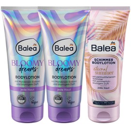Balea Set of 3 Skin Care: Body Lotion Bloomy Dreams Floral Moisturiser Shea Butter & Moonstone Extract of Semi-Precious Stones (2 x 200 ml) + ETERNAL SUMMER Shimmer Lotion (200 ml), 600 ml