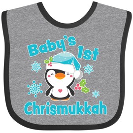 inktastic Baby's 1st Chrismukkah with Cute Baby Penguin and Snowflakes Baby Bib Heather and Black 381f2