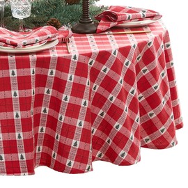 Elrene Home Fashions Sherwood Tree Dobby Christmas/Holiday Cotton Round Tablecloth, 70"x70", Red