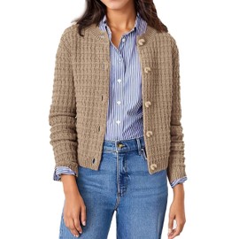 Jhsnjnr Women's Crew Neck Sweater Open Front Long Sleeve Elegant Cropped Cardigan Button Down Knit Jumper Jackets Khaki
