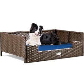 YITAHOME Rattan Dog Bed with Cushion,Wicker Pet Bed Sofa Couch Indoor Outdoor Water Resistant for Large Medium Small Dogs Cats (34.6''L*23.6''W*11.8'',Blue)