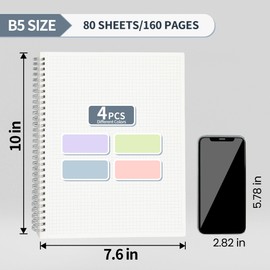 SUNEE Graph Paper Notebook - 4 Pack B5 Grid Notebook 7.6 x 10 Inches 5 x 5mm Grid Paper 80 Sheets/160 Pages - Journals for Study and Notes (pink, blue, green, purple)