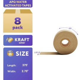 APQ Pack of 8 Reinforced Water Activated Tapes 2.75" x 375'. Gummed Tape for Corrugated Cartons. Kraft Box Tape with Permanent Adhesion. Paper Tape for Packaging, Shipping, Mailing, Moving.