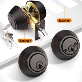 Probrico Oil Rubbed Bronze Round Double Cylinder Deadbolt Lock, Keyed Both Side Door Lock, Keyed Alike Combo 2 Pack