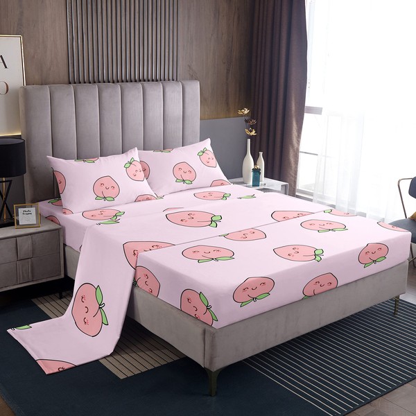 Erosebridal Cute Peach Bed Sheets Full Size Kids Girls Sheet Set Cartoon Fruit Room Decor Bedding Set,Teens Women Pink Fitted Sheet 4Pcs with 2 Pillowcases, Kawaii Fruit Flat Sheet