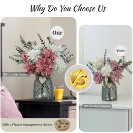 SHINFHOMF Fake Flowers in Vase,8 Dahlias,Silk Artificial Flowers in Vase,Faux Flowers in Vase with a Flower Arrangement Holder,Centerpiece Table Decorations