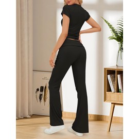 M_Eshop 2 Piece Set Women Outfit Lounge Sets Skims Short Sleeve Top And Flare Leggings Fold Over Yoga Pants Pajamas Set (CA/US, Alpha, Medium, Regular, Regular, Black)