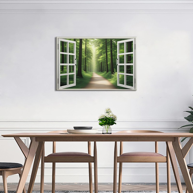 ZHIYYHAO Window View of Green Forest Canvas Wall Art Framed