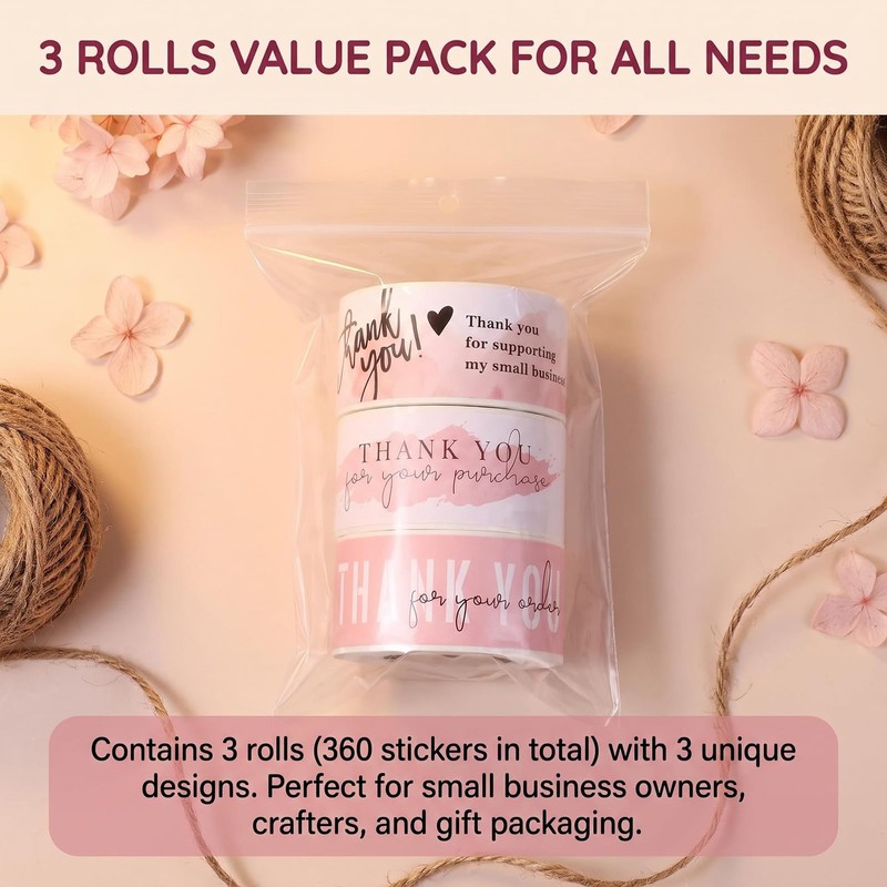 3 Rolls Pink Thank You Stickers Small Business, of 360