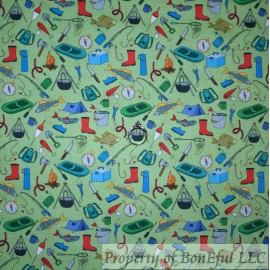 Signature BonEFul FQ Cotton Quilt Green Fish Boat Tent Cabin Boot Axe Knife Map Boy Scout