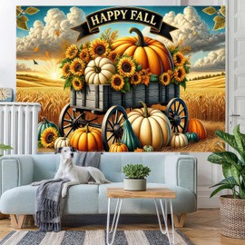 BlissYard 71x43 Inchs Happy Fall Banner Autumn Sunflower Pumpkin Backdrop Outdoor Indoor Decorations Fall Thanksgiving Truck Banner Baby Shower Background Photo Booth Props Party Supplies