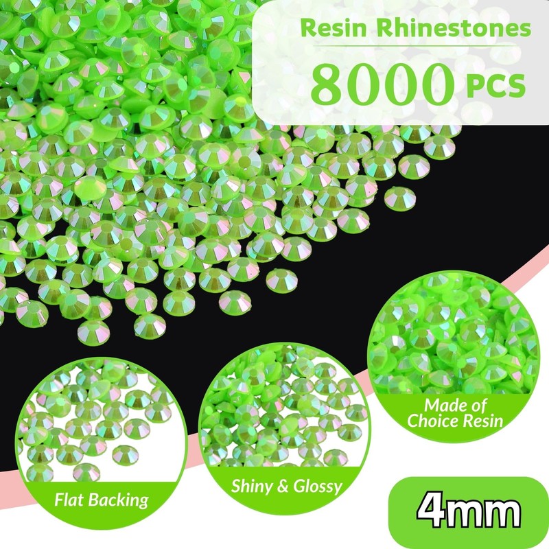 8000PCS 4mm Resin Jelly Rhinestones for Bedazzling, Fluorescent Green AB