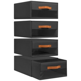 DIMJ Closet Organizers and Storage - Foldable Storage Bins with Drawers Fabric Stackable Storage Drawers with Clear Window,Fabric Clothes Organizers and Storage Drawers for Closet, 4-Pack, Black