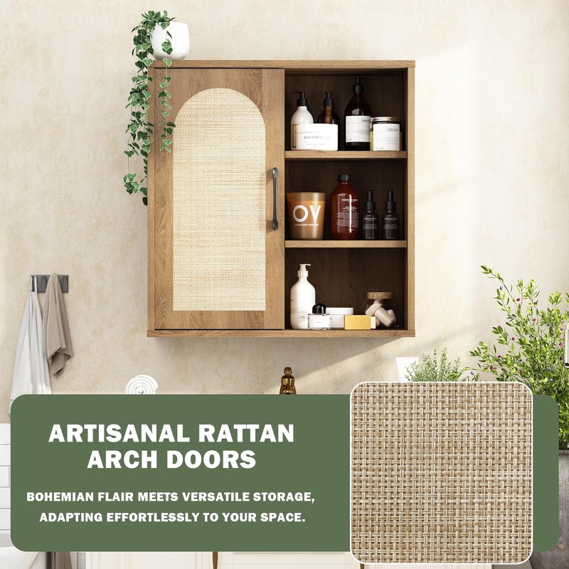 RUSTOWN Boho Rattan Wall Cabinet, Midcentury Bathroom Cabinet with Sliding