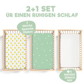 2 x Fitted Sheets Made of 100% Cotton with Elastic Band, 1 x Mattress Protector Made of 100% Waterproof Material, Set of 3, 55 x 90 cm, Lemon