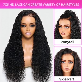 28 Inch Pre Cut 7X5 HD Lace Glueless Water Wave Wigs Human Hair Pre Plucked,Curly Wear and Go Pre Bleached Knots Lace Front Wig Natural Hairline with Baby Hair for Women 200% Density Natural Black