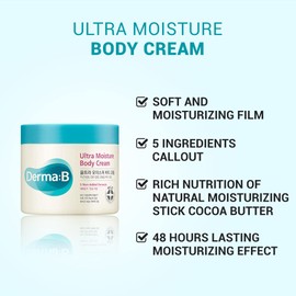 Derma B Ultra Moisture Body Cream with Olive Oil and Allantoin, 48 Hour Lasting Skin Moisturization, 14.54 Fl Oz, 430ml