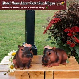 Cute Moo Deng Hippo Statue with Flower Crown, Resin Figurine for Home Decor, Pygmy Hippo Gift, Desk Ornament, Hippo Figurine for Living Room, Office, Bookshelf, Holiday and Seasonal Decor (sitting)