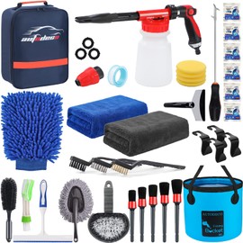 AUTODECO 35Pcs Car Wash Detailing Kit Cleaning Kits with Foam Gun Sprayer Collapsible Bucket Brush Large Wash Mitt Towels Complete Interior Exterior Car Washing Supply Set Blue