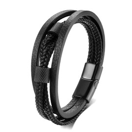 BIYONGDE Mens 3 Strand Braided Black Leather Bangle Bracelet, Stainless Steel Black Checker Pattern Tunnel Bead Charms, Classic and Stylish