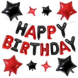 Happy Birthday Balloons Banner, Red Black Happy Birthday Foil Balloons 16 Inch Mylar Foil Letter Balloons with 8 Pcs Black Red Star Balloons for Women Men Boys Girls Birthday Party Decorations