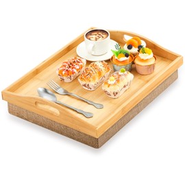 Tioncy 1 Piece Bamboo Lap Tray with Detachable Pillow 16.9'' x 13'' Lap TV Trays Desk with Handles for Adults Eating in Recliner Breakfast Housewarming Gift (Natural Color,Flaxen)