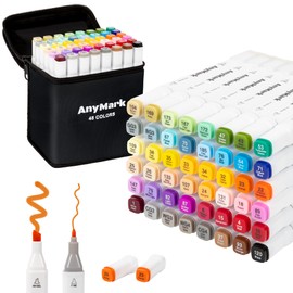 AnyMark Alcohol Markers, 48 Colors Dual Tip Art Coloring Markers Set for Kids Adult Book Drawing Sketching Painting, Chisel & Fine, White Penholder