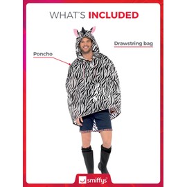 Smiffys Zebra Party Poncho, Black & White with Drawstring Bag, Party Poncho Fancy Dress, Animal Dress Up Costumes