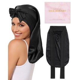 AWAYTR 100% Mulberry Silk Bonnet - Long Hair Cap for Sleeping Tie Band Bonnet for Braids Curly Hair (Black)
