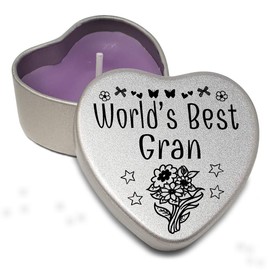 Heart Shaped Mini Silver tin for The World's Best Gran with Purple tealight. Gift for Amazing Women for Mother’s Day. (Gran)