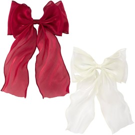 STSTR 2Pcs Large Hair Bow Clips, White Red Silk Yarn Ribbon Bow Hair Barrette for Women, Elegant Long Tail Bowknot French Hair Accessories for Wedding, Parties, Festivals