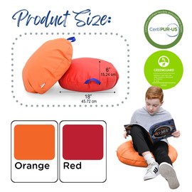 Children's Factory Mini Round Poufs, Flexible Classroom Seating, Durable Floor Cushions with Handles, Red and Orange, Set of 2