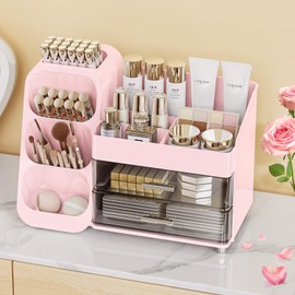 Anylady Makeup Organizer with Drawers, Skincare Organizer (Large Size Thick), Storage Box Cosmetic Display Cases, Make up Organizers for Vanity, Dresser, Desk, Kitchen, Countertop (Pink)