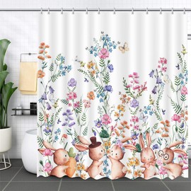 MEHOFOND Easter Bunny Floral Shower Curtain Set with Hooks Spring Watercolor Flowers Cute Rabbits Holiday Bath Curtains Pink Purple Flowers Bathroom Bathtubs Decors 72x72 Inches