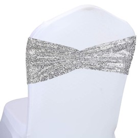 SquarePie Pack of 100 Chair Sashes Bows Sparkly Silver Sequin Chair Bands for Wedding Party Banquet Home Decor