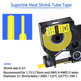 USUPERINK 6 Pack Compatible for DYMO 18054 3/8" 9mm Black on Yellow Heat Shrink Tube Label Tape for Cables Use with Rhino 3000 4200 5200 5000 6000 Industrial Label Maker