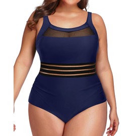 Daci - Trajes de baño de una pieza para mujer, talla grande, con cuello alto, de malla, estilo clásico, Azul marino, 24 Plus