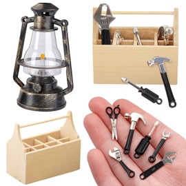 Gnome Accessories Christmas, 1/12 Miniature Tool Box, Wooden Tool Box with Gnome Tool Set, Miniature Oil Lamp, Miniature Gnome Accessories, Miniature Dollhouse Accessories, Mini Ornaments