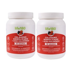 LIFE180 Colágeno Hidrolizado más Ácido Hialurónico en Polvo, Sabor Moras, Paquete de 2 piezas de 450gr. 30 Porciones, 1100 gramo, 2